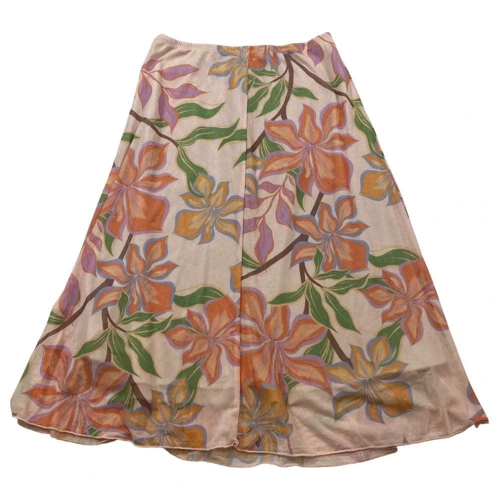 See You Monday Womens Tropical Floral Mesh Midi Skirt Peach Orange Small SP12041